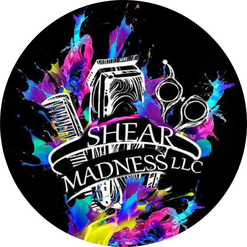 Shear Madness llc hair salon logo has a colorful paint splatter design with hairdresser tools